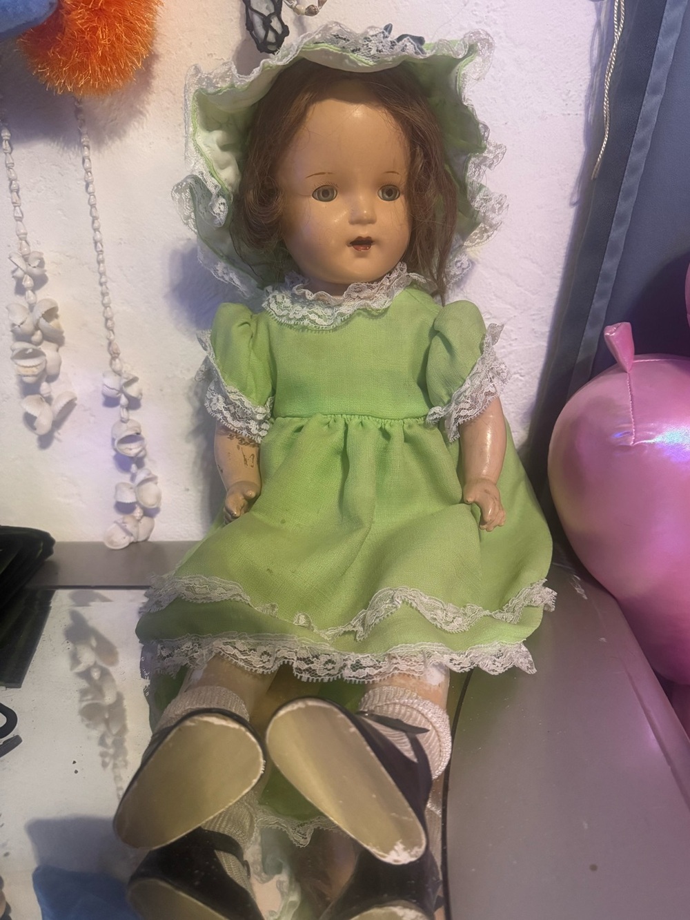 Antique Haunted Green Dress Baby Doll - 1930’s